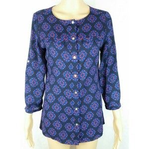 Nautica Women's (S) 3/4 Sleeve Black, Blue, Red Button Up Top Semi-Sheer